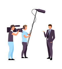 Male reporter with camera team semi flat color vector characters. Full body people on white. Record for broadcasting media isolated modern cartoon style illustration for graphic design and animation