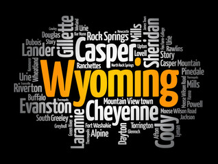 List of cities in Wyoming USA state, word cloud concept background