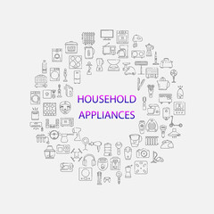 Fototapeta na wymiar Household appliances outline icons set. Vector illustration for design. Refrigerator, microwave oven, air conditioner, stove, vacuum, mixer, coffee machine, meat grinder, heating system