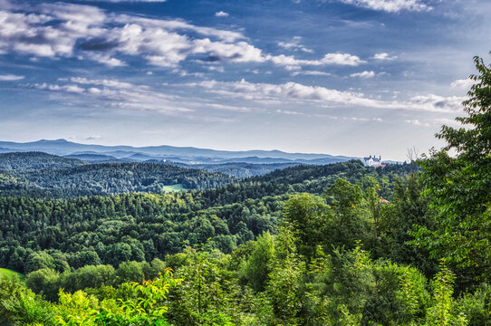 View from castle F&uuml;rstenstein, bavarian forest. Landscape of the bavarian forest - hills and trees