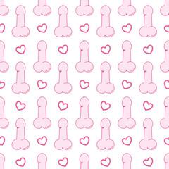 Vector seamless pattern with penis and hearts. White background with isolated elements.