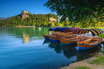 Wooden Pletna boats anchored on the waterfront, lake Bled, Slovenia