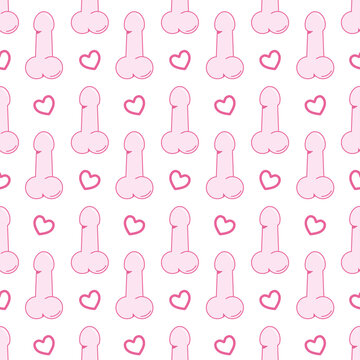 Vector seamless pattern with penis and hearts. White background with isolated elements.