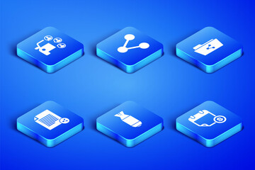 Set Financial calendar, Car sharing, Aviation bomb, Share file, and folder icon. Vector
