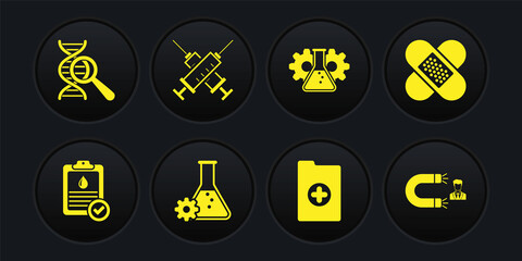 Set Clipboard with blood test, Crossed bandage plaster, Bioengineering, Clinical record, and syringe icon. Vector