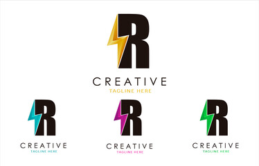 Letter R Lightning Bolt Logo Set Concept. 3d Electrical Logo Design