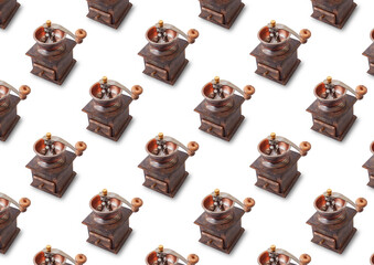 Manual coffee grinder for grinding coffee beans. White background. Pattern