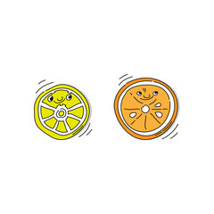 Citrus fruit cut in half. Lemon and orange with smile on white background. Cartoon sketch. Doodle style with black contour line. Cute hand drawn bottle. Party drinks concept. Freehand drawing style