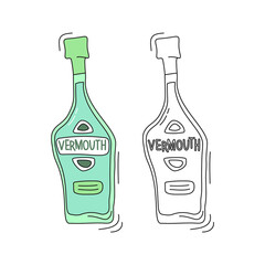 Vermouth on white background. Two kinds beverage. Cartoon sketch graphic design. Doodle style with black contour line. Colored hand drawn bottle. Party drinks concept. Freehand drawing style