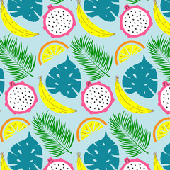 
Tropical background with monstera and exotic leaves. Tropical pattern with banana, orange, dragon fruit. Vector