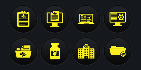 Set Medical veterinary record folder, Clinical pet on monitor, Dog medicine bottle, Veterinary hospital, dog laptop and icon. Vector
