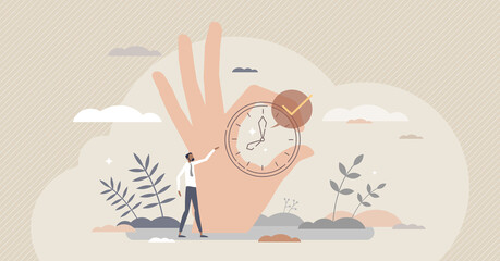 Right timing with accurate time planning management tiny person concept. Successful countdown and complete task symbol vector illustration. Accuracy scene as moment capture with clock and check mark. - obrazy, fototapety, plakaty