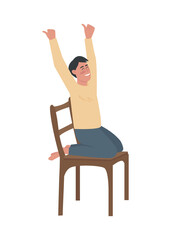 Happy boy rising hands up semi flat color vector character. Sitting figure. Full body person on white. Excited teenager isolated modern cartoon style illustration for graphic design and animation - obrazy, fototapety, plakaty