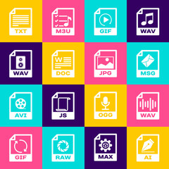 Set AI file document, WAV, MSG, GIF, DOC and icon. Vector