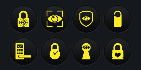 Set Digital door lock with wireless, Please not disturb, Padlock clock, Keyhole eye, Shield and and Eye scan icon. Vector