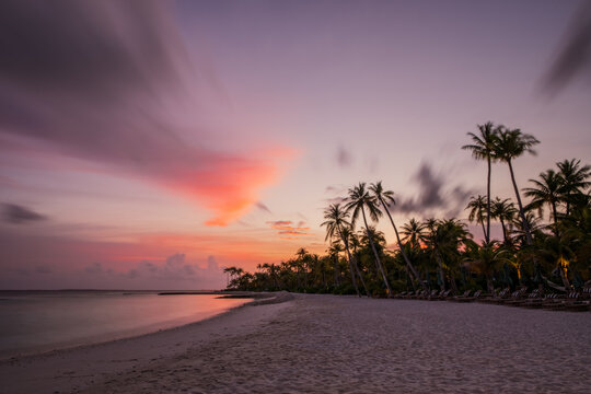 Palm trees on tropical coast at sunset. Crossroads Maldives, saii lagoon, june 2021. Long exposure picture