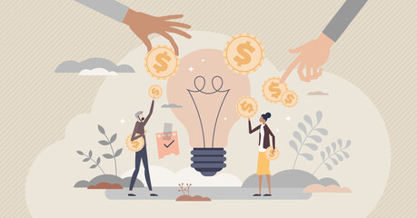 Fundraising as gathering voluntary financial contribution tiny person concept. Innovative startup business money support from community vector illustration. Help campaign to creative company project. - obrazy, fototapety, plakaty