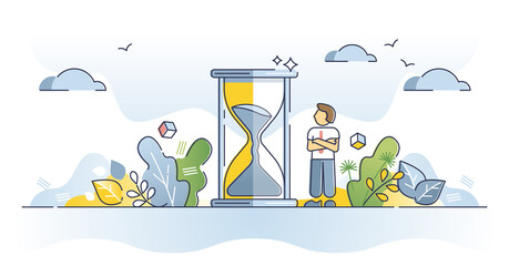 Patience as wait for slow, calm and inefficient time in idle outline concept. Bored businessman waiting for delay vector illustration. Self perseverance and mental peace with hourglass visualization. - obrazy, fototapety, plakaty