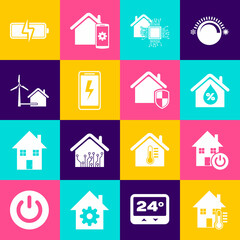 Set House temperature, Smart home, humidity, Mobile charging battery, with wind turbine, Battery and under protection icon. Vector