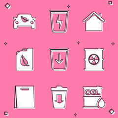 Set Eco car drive with leaf, Lightning trash can, House, Bio fuel canister, Send to the, Radioactive waste barrel, Shopping bag and icon. Vector