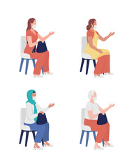 Sitting women with face masks semi flat color vector characters set. Full body people on white. Social interaction isolated modern cartoon style illustration for graphic design and animation