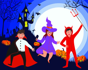 Halloween kids party costume. A group of children in a Halloween costume on the background of a castle and pumpkins. In the moonlight. Blue background.