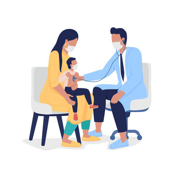 Pediatrician listening to kid with stethoscope semi flat color vector characters. Full body people on white. Annual checkup isolated modern cartoon style illustration for graphic design and animation