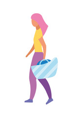 Girl with blue beach bag semi flat color vector character. Full body person on white. Choosing tote for summer isolated modern cartoon style illustration for graphic design and animation