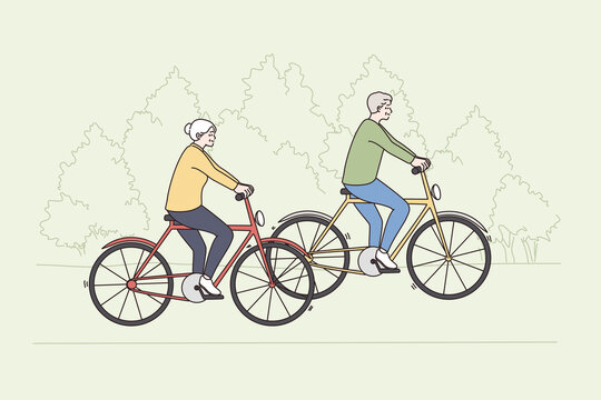 Happy active lifestyle of old people concept. Mature elderly couple man and woman riding bicycles together outdoors enjoying ride and active leisure vector illustration 