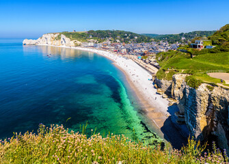 High angle view of the beach of Etretat and the Amont cliff in Normandy, France