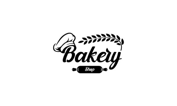 bakery logo design vector with chef hat, rolling pin and, wheat