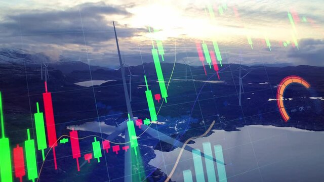 Charts, diagrams, world map and energy levels on wind power background - 3d animation