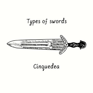 Types of swords. Cinquedea. Ink black and white doodle drawing in woodcut style.