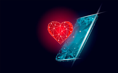 Internet dating app concept. 3D low poly smartphone romantic relationship symbol heart. Social media love date find couple service. Website romantic message illustration