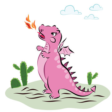 Pink Dinosaur cartoon character fire breathing  vector illustration drawing
