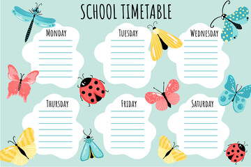 School Timetable. Weekly schedule vector template for school students.