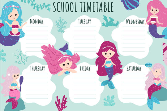 School Timetable. Weekly schedule vector template for school students.