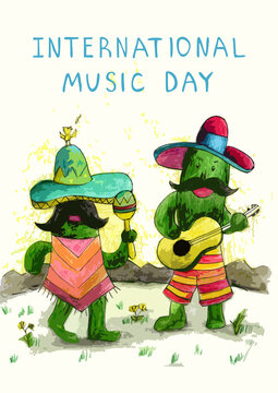 Abstrction color hand drawn digital jpg print for the holiday International Music Day. Mexico, cactus, playing guitar. Funny design template for poster, card, souvenirs