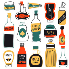 Grocery hand drawn set. Flat sauce icons. Olive oil, honey, wasabi, vinegar, ketchup, mustard, mayonnaise, tomato ketchup, hot chili, soy bottles. Salad dressing. Food vector collection. Sketch style - 450528512