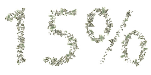Dollar sign. American money number 15. Cash white background, us bill. Money falling.