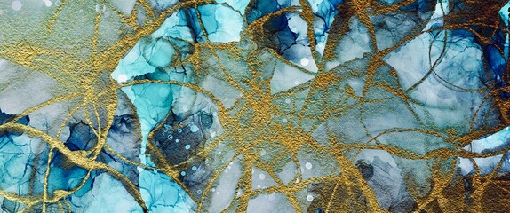 Blue alcohol ink background with gold texture, luxury liquid design with golden veins, hand drawn art, decoration for wall, wallpaper for print	
