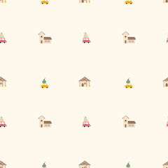 Cute seamless hand-drawn minimalist autumn mood pattern with houses and cars with pumpkins on beige background. For prints, backgrounds, wrapping paper, textile, linen, wallpaper, etc. 