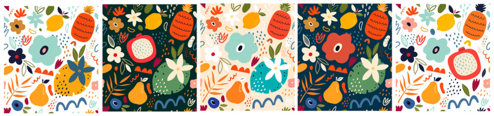 Set of seamless patterns with exotic fruits and abstract elements. Abstract hand drawn seamless colorful patterns 