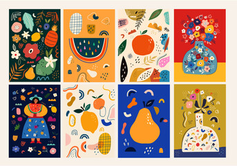 Fototapeta na wymiar Fresh stylish posters with fruits, flowers, abstract elements and doodles
