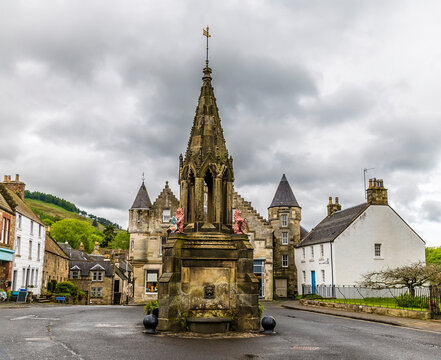 A view across the central square in Falkland, Scotland on a summers day