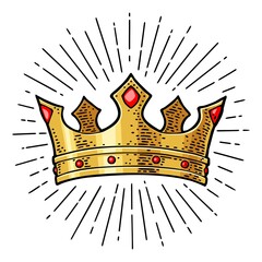 King crown with ray. Engraving vintage vector black illustration. Isolated on white