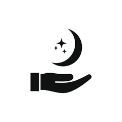 Moon and stars on hand. Night symbol flat icon isolated on white background. Vector illustration