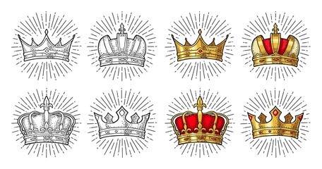 Four different king crowns. Engraving vintage vector black illustration.