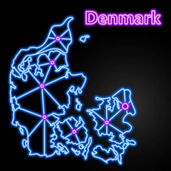 Denmark neon map, isolated vector illustration.