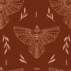 Fototapeta premium Seamless pattern with doodle mystic birds and leaves
